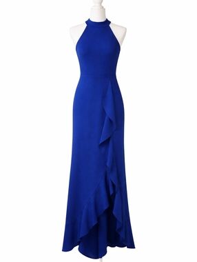 Royal Blue Halter Neck Ruffle Long Dress Elegant Formal Occasion Size Small